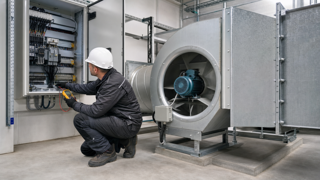 Onderhoudsdeskundige meet en controleert een rookafvoerventilator