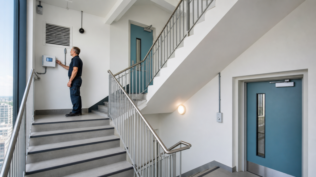 Onderhoudsdeskundige controleert een overdrukinstallatie in een trappenhuis