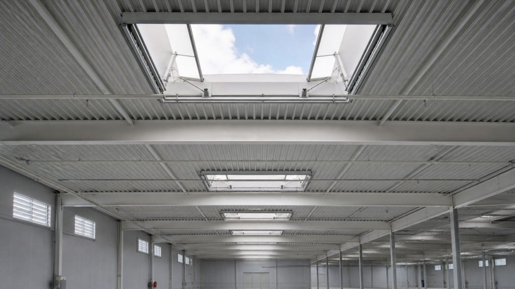 Geopende rook- en warmteafvoerluiken in een bedrijfsgebouw